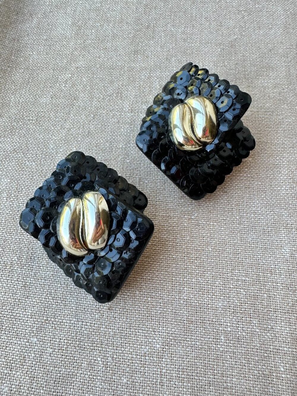 Vintage Black Sequin Statement Clip-On Earrings Gold Tone Square 1980s